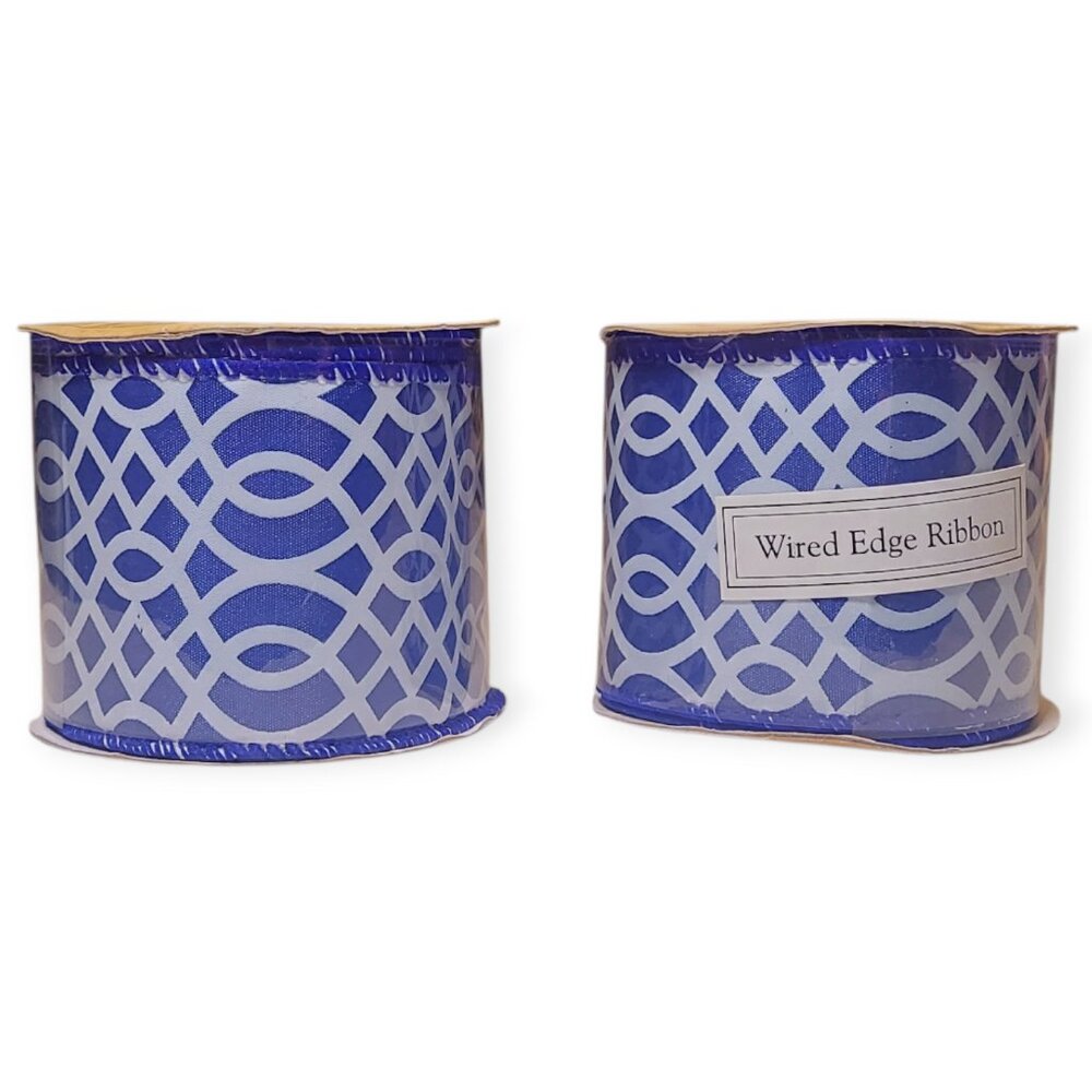 Lot of 2 Robert Stanley Wired Edge Ribbon 2.5" x 18ft Blue White Craft Decor